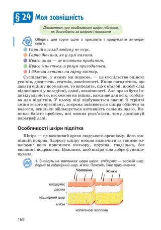 168
Моя зовн³шн³сть
Дізнаєтеся про особливості шкіри підлітка,
як доглядати за шкірою і волоссям
Оберіть для групи одне з прислів’їв і придумайте антипри-
слів’я.
Гарний вигляд людину не псує.
Гарна дівчина, як у лузі калина.
Краса лиця — це половина приданого.
Краса минеться, а розум пригодиться.
І бджола летить на гарну квітку.
Суспільство, у якому ми живемо, — це суспільство оцінок:
успіхів, досягнень, статків, зовнішності. Якщо погодитися, що
давати оцінку нормально, то виходить, що є еталон, якому слід
відповідати: у поведінці, одязі, зовнішності. Але право бути ін­
дивідуальністю, несхожою на інших, важливе для всіх, особли­
во для підлітків. У цьому віці відбуваються значні й стрімкі
зміни всього організму, зокрема змінюються шкіра обличчя та
волосся, оскільки збільшується активність сальних залоз. Ви­
никає багато проблем, які можна розв’язати, тому досліджуй
параграф далі.
Особливості шкіри підлітка
Шкіра — це важливий орган людського організму, його зов­
нішній покрив. Здорову шкіру можна визначити за такими оз­
наками: вона приємного кольору, пружна, гладенька, без
висипів і подразнень. Важливо, щоб шкіра тіла добре функціо­
нувала.
1. Знайдіть на малюнках шари шкіри: епідерміс — верхній шар,
дерма та підшкірний шар, м’язи. Поясніть їхнє призначення.
§ 24
Чоловіки Жінки
епідерміс
дерма
підшкірний шар
м’язи
колагенові волокна
 