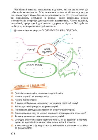 178
Зовнішній вигляд, незалежно від того, як ми ставимося до
себе, оцінює оточення. Має значення естетичний вигляд люди­
ни, насамперед її охайність та доглянутість. Не слід зловжива­
ти макіяжем, особливо в школі, адже природна краса
молодості не потребує декоративної косметики. Чисте волосся,
сяючі очі, природний рум’янець, здорова шкіра та білі зуби —
найкращі прикраси молодої людини.
Доповніть інтелект-карту «ОСОБЛИВОСТІ ШКІРИ ПІДЛІТКІВ».
Запитання ² завдання
11. Перелічіть типи шкіри та ознаки здорової шкіри.
12. Назвіть функції, які виконує шкіра.
13. Назвіть типи волосся.
14. З якими проблемами шкіри можуть стикатися підлітки? Чому?
15. Які продукти підтримують здоров’я шкіри?
16. Які правила догляду за волоссям ви виконуєте регулярно?
17. Яких правил догляду за шкірою вам варто дотримуватися додатково?
18. Яка основна вимога до косметики для підлітків?
19. Дослідіть етикетки засобів особистої гігієни, які ви зазвичай використо-
вуєте, на відповідність вашому віку, типам шкіри й волосся.
20. У яких випадках слід звертатися до косметолога, а в яких — до ліка-
ря-дерматолога?
Шкіра
підлітків
чинники впливу
функції
проблеми
типи
...
...
...
...
...
...
...
...
...
...
...
...
...
...
...
...
...
...
...
...
 