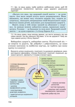 194
7.1. Що, на вашу думку, треба зробити найближчим часом, щоб НЕ
виправдалися песимістичні прогнози щодо здоров’я українських
підлітків?
«Багато хто знає, що здоровий спосіб життя — це дуже
круто. Але мало людей хочуть цього дотримуватися. Вони
вважають, що немає часу готувати здорову їжу, ходити до
спортзалу, знаходять виправдання своїй бездіяльності щодо
багатьох інших речей, важливих для підтримання здоров’я.
Навіть якщо в тебе немає грошей на абонемент у спорт­
зал, ти завжди можеш займатися вдома, правильно харчу­
ватися. Головне — це бажання та сила волі. Здоровий спосіб
життя — це дуже корисно» (із блогу Зоряни К.).
7.2. На вашу думку, якщо молодь вважає, що життя залежить від них
самих менше, ніж від зовнішніх обставин, то як же здоров’я? Чому ав-
тори навели цитату з блогу Зоряни?
Вибираймо здоров’я, вибираймо життя. Підлітковий вік —
це енергія та радість. Це добробут і доброчинність, це наше
успішне навчання та майбутня кар’єра, це турбота про нашу
країну та планету!
Визначте шляхи соціального, психічного та духовного дозрівання, вико-
ристовуючи інфографіку «Ознаки біологічної, психічної, соціальної, ду-
ховної зрілості». Доповніть її гілками інтелект-карти.
• статеве формування
завершено,
нормальний рівень
фізичного розвитку
• приймає норми,
правила і традиції
суспільства;
• досягає
професійного успіху;
• конструктивно
розв’язує конфлікти;
• адаптується до соціального
оточення
• долає стреси;
• 
контролює емоції;
• 
мислить логічно;
• правильно висловлює
почуття;
• аргументовано
дискутує;
• приймає
виважені рішення
• власна система
цінностей;
• життєві принципи;
• реалізує свої потреби,
зацікавлення, прагнення;
• відрізняє добро від зла
Зрілість
особистості
Ф
і
з
и
чна
Д
у
х
о
в
н
а
Псих
і
ч
н
а
С
о
ц
і
а
л
ь
н
а
 