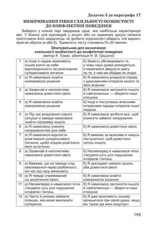 199
Додаток 3 до параграфа 17
ВИМІРЮВАННЯ РІВНЯ СХИЛЬНОСТІ ОСОБИСТОСТІ
ДО КОНФЛІКТНОЇ ПОВЕДІНКИ
Виберіть у кожній парі тверджень одне, яке найбільше характеризує
вас. У бланку для відповідей у зошиті або на окремому аркуші (можете
приготувати його заздалегідь чи зробити ксерокопію) обведіть той варіант,
який ви обрали (а або б). Тривалість тесту становить15–20 хвилин.
Опитувальник для визначення
схильності особистості до конфліктної поведінки
(автор К. Томас, адаптація Н. В. Грішиної)
1 а) Іноді я надаю можливість
іншим взяти на себе
відповідальність за розв’язання
суперечливого питання
б) Замість обговорювати те,
у чому наші думки розходяться,
я намагаюся звернути увагу
на те, з чим ми обидва не згодні
2 а) Я намагаюся знайти
компромісне рішення
б) Я намагаюся владнати справу
з урахуванням інтересів іншого та
моїх власних
3 а) Зазвичай я наполегливо
намагаюся домогтися свого
б) Я намагаюся заспокоїти іншого
й найголовніше — зберегти наші
стосунки
4 а) Я намагаюся знайти
компромісне рішення
б) Іноді я поступаюсь власними
інтересами заради інтересів іншої
людини
5 а) Під час владнання спірної
ситуації я завжди намагаюся
знайти підтримку іншого
б) Я намагаюся зробити все, щоб
уникнути зайвого напруження
6 а) Я намагаюсь уникати
неприємностей для себе
б) Я намагаюся домогтися свого
7 а) Я намагаюся відкласти
розв’язання суперечливого
питання, щоби згодом розв’язати
його остаточно
б) Я вважаю за можливе в чомусь
поступитися, щоб домогтися
чогось іншого
8 а) Зазвичай я наполегливо
намагаюся домогтися свого
б) Насамперед я намагаюся чітко
з’ясувати суть усіх порушених
інтересів і питань
9 а) Вважаю, що не завжди слід
хвилюватися через розбіжності,
які час від часу виникають
б) Я докладаю чимало зусиль,
аби домогтися свого
10 а) Я твердо спрямований
на досягнення свого
б) Я намагаюся знайти
компромісне рішення
11 а) Насамперед я намагаюся чітко
з’ясувати суть усіх порушених
інтересів і питань
б) Я намагаюся заспокоїти іншого
й найголовніше — зберегти наші
стосунки
12 а) Часто я уникаю займати
позицію, яка може викликати
суперечки
б) Я даю можливість іншому
залишитися при своїй думці, якщо
він також іде мені назустріч
 