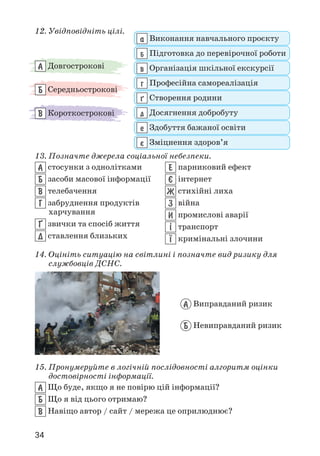 34
12. Увідповідніть цілі.
13. Позначте джерела соціальної небезпеки.
А стосунки з однолітками
Б засоби масової інформації
В телебачення
Г забруднення продуктів
харчування
¥ звички та спосіб життя
Д ставлення близьких
Е парниковий ефект
ª інтернет
Ж стихійні лиха
З війна
И промислові аварії
² транспорт
¯ кримінальні злочини
14. Оцініть ситуацію на світлині і позначте вид ризику для
службовців ДСНС.
А Довгострокові
Б Середньострокові
В Короткострокові
а Виконання навчального проєкту
б Підготовка до перевірочної роботи
в Організація шкільної екскурсії
г Професійна самореалізація
µ Створення родини
д Досягнення добробуту
е Здобуття бажаної освіти
º Зміцнення здоров’я
А Виправданий ризик
Б Невиправданий ризик
15. Пронумеруйте в логічній послідовності алгоритм оцінки
достовірності інформації.
А Що буде, якщо я не повірю цій інформації?
Б Що я від цього отримаю?
В Навіщо автор / сайт / мережа це оприлюднює?
 