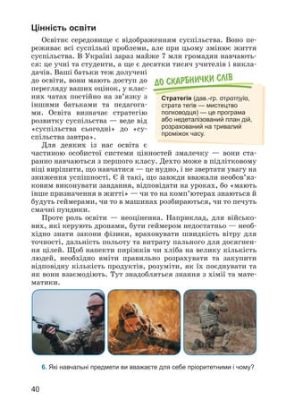 40
Цінність освіти
Освітнє середовище є відображенням суспільства. Воно пе­
реживає всі суспільні проблеми, але при цьому змінює життя
суспільства. В Україні зараз майже 7 млн громадян навчають­
ся: це учні та студенти, а ще є десятки тисяч учителів і викла­
дачів. Ваші батьки теж долучені
до освіти, вони мають доступ до
перегляду ваших оцінок, у клас­
них чатах постійно на зв’язку з
іншими батьками та педагога­
ми. Освіта визначає стратегію
розвитку суспільства — веде від
«суспільства сьогодні» до «су­
спільства завтра».
Для деяких із нас освіта є
частиною особистої системи цінностей змалечку — вони ста­
ранно навчаються з першого класу. Дехто може в підлітковому
віці вирішити, що навчатися — це нудно, і не звертати увагу на
зниження успішності. Є й такі, що завжди вважали необов’яз­
ковим виконувати завдання, відповідати на уроках, бо «мають
інше призначення в житті» — чи то на комп’ютерах знаються й
будуть геймерами, чи то в машинах розбираються, чи то печуть
смачні пундики.
Проте роль освіти — неоціненна. Наприклад, для військо­
вих, які керують дронами, бути геймером недостатньо — необ­
хідно знати закони фізики, враховувати швидкість вітру для
точності, дальність польоту та витрату пального для досягнен­
ня цілей. Щоб напекти пиріжків чи хліба на велику кількість
людей, необхідно вміти правильно розрахувати та закупити
відповідну кількість продуктів, розуміти, як їх поєднувати та
як вони взаємодіють. Тут знадобляться знання з хімії та мате­
матики.
До скарбнички слiв
Стратегія (дав.-гр. στρατηγία,
страта тегів — мистецтво
полководця) — це програма
або недеталізований план дій,
розрахований на тривалий
проміжок часу.
6. Які навчальні предмети ви вважаєте для себе пріоритетними і чому?
 