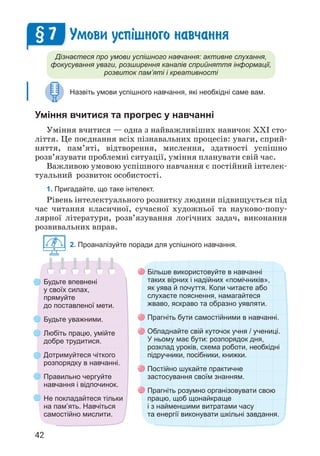 42
Умови усп³шного навчання
Дізнаєтеся про умови успішного навчання: активне слухання,
фокусування уваги, розширення каналів сприйняття інформації,
розвиток пам’яті і креативності
Назвіть умови успішного навчання, які необхідні саме вам.
Уміння вчитися та прогрес у навчанні
Уміння вчитися — одна з найважливіших навичок ХХІ сто­
ліття. Це поєднання всіх пізнавальних процесів: уваги, сприй­
няття, пам’яті, відтворення, мислення, здатності успішно
розв’язувати проблемні ситуації, уміння планувати свій час.
Важливою умовою успішного навчання є постійний інтелек­
туальний розвиток особистості.
1. Пригадайте, що таке інтелект.
Рівень інтелектуального розвитку людини підвищується під
час читання класичної, сучасної художньої та науково-попу­
лярної літератури, розв’язування логічних задач, виконання
розвивальних вправ.
2. Проаналізуйте поради для успішного навчання.
§ 7
Будьте впевнені
у своїх силах,
прямуйте
до поставленої мети.
Будьте уважними.
Любіть працю, умійте
добре трудитися.
Дотримуйтеся чіткого
розпорядку в навчанні.
Правильно чергуйте
навчання і відпочинок.
Не покладайтеся тільки
на пам’ять. Навчіться
самостійно мислити.
Більше використовуйте в навчанні
таких вірних і надійних «помічників»,
як уява й почуття. Коли читаєте або
слухаєте пояснення, намагайтеся
жваво, яскраво та образно уявляти.
Прагніть бути самостійними в навчанні.
Обладнайте свій куточок учня / учениці.
У ньому має бути: розпорядок дня,
розклад уроків, схема роботи, необхідні
підручники, посібники, книжки.
Постійно шукайте практичне
застосування своїм знанням.
Прагніть розумно організовувати свою
працю, щоб щонайкраще
і з найменшими витратами часу
та енергії виконувати шкільні завдання.
 