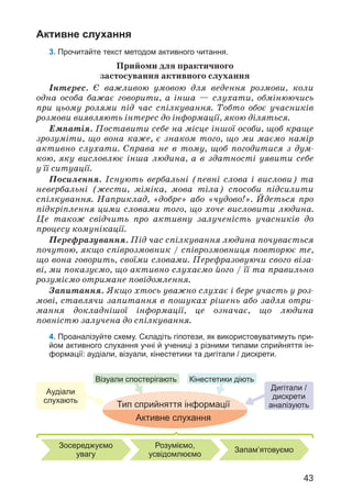 43
Тип сприйняття інформації
Активне слухання
Активне слухання
3. Прочитайте текст методом активного читання.
Прийоми для практичного
застосування активного слухання
Інтерес. Є важливою умовою для ведення розмови, коли
одна особа бажає говорити, а інша — слухати, обмінюючись
при цьому ролями під час спілкування. Тобто обоє учасників
розмови виявляють інтерес до інформації, якою діляться.
Емпатія. Поставити себе на місце іншої особи, щоб краще
зрозуміти, що вона каже, є знаком того, що ми маємо намір
активно слухати. Справа не в тому, щоб погодитися з дум­
кою, яку висловлює інша людина, а в здатності уявити себе
у її ситуації.
Посилення. Існують вербальні (певні слова і вислови) та
невербальні (жести, міміка, мова тіла) способи підсилити
спілкування. Наприклад, «добре» або «чудово!». Йдеться про
підкріплення цими словами того, що хоче висловити людина.
Це також свідчить про активну залученість учасників до
процесу комунікації.
Перефразування. Під час спілкування людина почувається
почутою, якщо співрозмовник / співрозмовниця повторює те,
що вона говорить, своїми словами. Перефразовуючи свого віза­
ві, ми показуємо, що активно слухаємо його / її та правильно
розуміємо отримане повідомлення.
Запитання. Якщо хтось уважно слухає і бере участь у роз­
мові, ставлячи запитання в пошуках рішень або задля отри­
мання докладнішої інформації, це означає, що людина
повністю залучена до спілкування.
4. Проаналізуйте схему. Складіть гіпотези, як використовуватимуть при-
йом активного слухання учні й учениці з різними типами сприйняття ін-
формації: аудіали, візуали, кінестетики та дигітали / дискрети.
Зосереджуємо
увагу
Розуміємо,
усвідомлюємо
Запам’ятовуємо
Дигітали /
дискрети
аналізують
Візуали спостерігають Кінестетики діють
Аудіали
слухають
 
