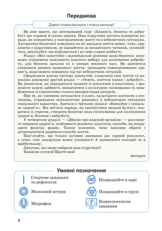 4
Передмова
Дорогі семикласники і семикласниці!
Ви вже знаєте, що інтегрований курс «Здоров’я, безпека та добро­
бут» дає корисні й цікаві знання. Наш підручник містить конкретні по­
ради, як поводитись у повсякденному житті та в небезпечних ситуаціях.
Алгоритмів безпечної поведінки на всі випадки життя немає, тому, пра­
цюючи з підручником, не вдавайтеся до механічного читання, зупиняй­
теся, аналізуйте, що відбувається і як саме з вами особисто.
Розділ «Мої самостійні і відповідальні рішення щодо безпеки» допо­
може усвідомити важливість власного вибору для досягнення добробу­
ту, для безпеки загалом та в умовах воєнного часу. Ви навчитеся
оцінювати ризики щоденного життя, проводити самооцінювання здо­
ров’я, моделювати поведінку під час небезпечних ситуацій.
Сформувати власну систему цінностей, планувати своє життя та на­
вчання допоможе другий розділ — «Освіта, життєві плани і добробут».
Ви дізнаєтеся, як передаються таланти із покоління в покоління, і зро­
зумієте власні здібності, визначитеся з культурою споживання та озна­
йомитеся зі стратегіями сталого використання ресурсів.
Про те, як упевнено почуватися в класі, налагодити контакти з ото­
ченням, утримувати психологічну рівновагу в небезпечних ситуаціях
соціального характеру, йдеться в третьому розділі «Емоційне і соціаль­
не здоров’я». Він містить поради, як протистояти виявам булінгу, впо­
ратися зі стресом, створити безпечні кола спілкування для поліпшення
здоров’я, безпеки і добробуту.
У четвертому розділі — «Дбаємо про власний організм» — розгляну­
то чинники здоров’я, особливості розвитку підлітків, способи, як покра­
щити фізичну форму. Також пояснено, чому важливо обрати і
дотримуватися здорового способу життя.
Пам’ятайте, що тільки активне навчання дає гарний результат,
а отже, стає запорукою вашої успішності й впевненості сьогодні та в
майбутньому.
Дякуємо, що знову вибрали наш підручник!
Бажаємо успіхів! Щасти вам!
Авторки
Умовні позначення
Стартове завдання
та рефлексія
Мозковий штурм
Мікрофон
Попрацюйте в парі
Попрацюйте в групі
Компетентнісне
завдання
 