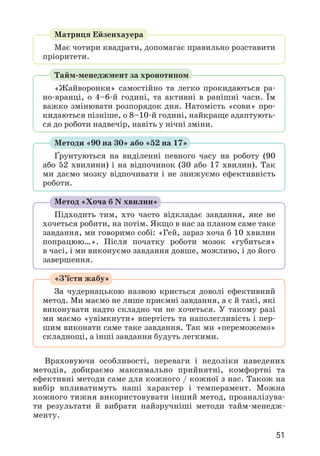 51
Матриця Ейзенхауера
Має чотири квадрати, допомагає правильно розставити
пріоритети.
Тайм-менеджмент за хронотипом
«Жайворонки» самостійно та легко прокидаються ра­
но-вранці, о 4–6-й годині, та активні в ранішні часи. Їм
важко змінювати розпорядок дня. Натомість «сови» про­
кидаються пізніше, о 8–10-й годині, найкраще адаптують­
ся до роботи надвечір, навіть у нічні зміни.
Методи «90 на 30» або «52 на 17»
Ґрунтуються на виділенні певного часу на роботу (90
або 52 хвилини) і на відпочинок (30 або 17 хвилин). Так
ми даємо мозку відпочивати і не знижуємо ефективність
роботи.
Метод «Хоча б N хвилин»
Підходить тим, хто часто відкладає завдання, яке не
хочеться робити, на потім. Якщо в нас за планом саме таке
завдання, ми говоримо собі: «Гей, зараз хоча б 10 хвилин
попрацюю…». Після початку роботи мозок «губиться»
в часі, і ми виконуємо завдання довше, можливо, і до його
завершення.
«З’їсти жабу»
За чудернацькою назвою криється доволі ефективний
метод. Ми маємо не лише приємні завдання, а є й такі, які
виконувати надто складно чи не хочеться. У такому разі
ми маємо «увімкнути» впертість та наполегливість і пер­
шим виконати саме таке завдання. Так ми «переможемо»
складнощі, а інші завдання будуть легкими.
Враховуючи особливості, переваги і недоліки наведених
методів, добираємо максимально прийнятні, комфортні та
ефективні методи саме для кожного / кожної з нас. Також на
вибір впливатимуть наші характер і темперамент. Можна
кожного тижня використовувати інший метод, проаналізува­
ти результати й вибрати найзручніші методи тайм-менедж­
менту.
 