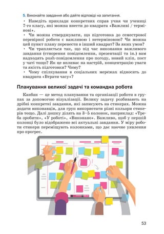 53
5. Виконайте завдання або дайте відповіді на запитання.
• Наведіть приклади конкретних справ учня чи учениці
7-го класу, які можна внести до квадрата «Важливі / термі­
нові».
• Чи можна стверджувати, що підготовка до семестрової
перевірної роботи є важливою і нетерміновою? Чи можна
цей пункт плану перенести в інший квадрат? За яких умов?
• Чи трапляється так, що під час виконання важливого
завдання (створення повідомлення, презентації та ін.) вам
надходять push-повідомлення про погоду, новий кліп, пост
у чаті тощо? Як це впливає на настрій, концентрацію уваги
та якість підготовки? Чому?
• Чому спілкування в соціальних мережах відносять до
квадрата «Втрати часу»?
Планування великої задачі та командна робота
Канбан — це метод планування та організації роботи в гру­
пах за допомогою візуалізації. Велику задачу розбивають на
дрібні конкретні завдання, які записують на стикерах. Можна
додати виконавців, для груп використати різні кольори стике­
рів тощо. Далі дошку ділять на 3–5 колонок, наприклад: «Тре­
ба зробити», «У роботі», «Виконано». Важливо, щоб у першій
колонці було відображено всі актуальні завдання. У міру робо­
ти стикери переміщують колонками, що дає наочне уявлення
про прогрес.
 