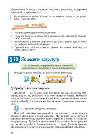60
збереження балансу і гармонії власного розвитку, підтримки
творчості та креативності.
Як ви розумієте вислів: «Талант — це початок, праця — це дорога,
успіх — це результат».
Запитання ² завдання
7. Яка різниця між здібностями і талантом?
8. Чому для досягнення успіху варто визначити свої здібності та планува-
ти їх розвиток?
9. Використовуючи прийом сторітелінгу, розкажіть історію відомої люди-
ни, здібності якої подібні до ваших.
10. Пригадайте та оцініть інформацію про внесок родинних династій у роз-
виток України, світу.
Як досягти добробуту
Ви дізнаєтеся, як управляти своєю поведінкою
для збереження здоров’я та досягнення добробуту
Розгадайте ребус. Поясніть, як він стосується теми уроку.
§ 10
Д Т
Добробут і його складники
Добробут — це комплексне поняття, що має фізичні, емо­
ційні, соціальні, фінансові й багато інших аспектів. Набагато
ширше поняття — суспільний добробут, спрямований на досяг­
нення добробуту кожним громадянином і кожною громадян­
кою.
1. Перелічіть складники добробуту.
Власний добробут ми розуміємо по-своєму. І намагаємося
досягати його теж у різні способи. Ми хочемо мати друзів і
успішно навчатися, одягати гарне вбрання і жити в комфорт­
ному будинку. Добробут неможливий без гармонійного розвит­
ку, який передбачає і самопізнання, і гарну фізичну форму.
Ми виявляємо емпатію і розвиваємо свій емоційний інтелект.
 