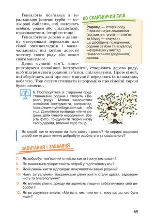 65
До скарбнички слiв
Родовід — історія роду.
Її вивчає наука генеалóгія
(від дав.-гр. γενεά — «сім’я»
та λόγος — «наука»),
що досліджує походження,
родинні зв’язки та візуалізує
інформацію у вигляді
генеалогічного (родинного)
дерева.
Генеалогія пов’язана з ге­
ральдикою (вивчає герби — ко­
льорові емблеми, які належать
особам, родам або спільнотам),
краєзнавством, історією тощо.
Генеалогічне дерево в давни­
ну створювали переважно для
сімей можновладців і воєна­
чальників, які хотіли довести
чистоту свого роду або велич
свого минулого.
Деякі сучасні сім’ї, вико­
ристовуючи онлайнові інструменти, створюють дерево роду,
щоб підтримувати родинні зв’язки, спілкуватися. Проте сімей,
які зберігають дані про своє минуле й передають їх нащадкам,
небагато. Тож систематизувати інформацію про сімейні корені
буває нелегко.
6. Поспілкуйтеся зі старшими пред-
ставниками родини і створіть «Де-
рево роду». Можна використати
онлайнові інструменти, наприклад,
https://www.myheritage.com.ua/ або
інші. Дізнайтеся прізвища членів ро-
дини, дати їхнього народження, збе-
ріть фото, придумайте творчу назву
свого дерева, власний герб тощо.
Як спосіб життя впливає на його якість і рівень? Чи сприяє здоровий
спосіб життя досягненню добробуту особистого та соціаль­
ного?
Запитання ² завдання
7. Як добробут пов’язаний із якістю життя і почуттям щастя?
8. Як змінюється пріоритетність потреб у підлітковому віці?
9. Який рівень життя відповідає можливостям вашої родини?
10. Чому актуальними показниками рівня життя стали щастя, задоволе-
ність та благополуччя?
11. Як впливає рівень доходу на здатність людини забезпечувати свій до-
бробут?
12. Як ви розумієте вислів: «Ми всі є тим, чим ми є, тому що до нас були
інші»?
 