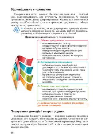 68
4. Опишіть за схемою, як ви дотримуєтесь принципів відпові-
дального споживання. Зазначте, що мають зробити бізнесмени,
управлінці, щоб ці принципи працювали в суспільстві.
Принципи відповідального споживання
1. Дбаємо про довкілля
• економимо енергію та воду,
використовуючи енергоефективні продукти
• сортуємо побутові відходи
• повторно використовуємо вживані речі
• правильно утилізуємо відходи
• відмовляємося від товарів, які тестують
на тваринах
2. Дотримуємося прав людини
• вибираємо товари виробників, які
дотримуються соціальної відповідальності
та забезпечують справедливі умови праці
для своїх працівників
• підтримуємо вітчизняних виробників,
які створюють робочі місця і сприяють
збереженню культурних та економічних
цінностей
3. Свідомі того, що купуємо
• аналізуємо інформацію про продукти й
компанії, щоб приймати обдумані рішення
• вибираємо товари й послуги, які
відповідають нашим етичним
переконанням і сприяють сталому розвитку
4. Доброзичливо та з повагою ставимося
до інших споживачів
Планування доходів і витрат родини
Планування бюджету родини — корисна навичка свідомих
українців, які цінують свою працю та доходи. Особливо це ак­
туально під час війни, коли багато людей втратили роботу, еко­
номіка потерпає від військових дій, а ціни на товари та послуги
значно зросли.
Відповідальне споживання
Покращення якості життя і збереження довкілля — головні
цілі відповідального, або етичного, споживання. Є кілька
принципів, яких легко дотримуватися. Однак для досягнення
успіху потрібні спільні зусилля громадян, державних і місце­
вих органів управління.
 