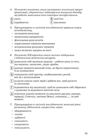 79
4. Позначте поняття, яким називають психічний процес
організації, збереження і відтворення минулого досвіду,
що робить можливим його повторне використання.
А увага
Б сприйняття
В пам’ять
Г мислення
5. Пронумеруйте в логічній послідовності правила тайм-
менеджменту.
• укладання розкладу
• визначення пріоритетів
• фіксування результатів
• коригування термінів виконання
• встановлення реальних термінів
• поділ великих завдань на малі
6. Позначте НЕкоректні описи технік підтримки
і відновлення життєвих ресурсів.
А дозволяти собі маленькі радощі – робити щось із того,
що надихає, захоплює, додає драйву
Б завжди тримати високий темп, не брати перепочинку
й не зупинятися
В очищувати свій простір, позбавляючись речей,
які не є актуальними
Г скласти список своїх мрій і робити все, щоб досягти
їх поступово
¥ відмовитися від медитації, щоб не дозволити собі зібратися
з думками та відновити життєві сили
Д помічати хороші моменти та дякувати друзям, рідним,
природі, Сонечку, матінці-Землі, сніжинці….. за цей
момент.
7. Пронумеруйте в логічній послідовності можливі рівні
розвитку здібностей, викресліть зайве.
• обдарованість
• талант
• здібності
• схильність
• спадковість
• геніальність
 