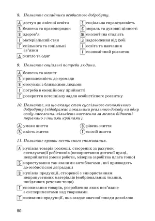 80
8. Позначте складники особистого добробуту.
А доступ до якісної освіти
Б безпека та правопорядок
В здоров’я
Г матеріальний стан
¥ спільнота та соціальні
зв’язки
Д житло та одяг
Е соціальна справедливість
ª мораль та духовні цінності
Ж екологічна сталість
З задоволення від хобі
² освіта та навчання
¯ економічний розвиток
9. Позначте соціальні потреби людини.
А безпека та захист
Б приналежність до громади
В стосунки з близькими людьми
Г потреба в емоційному прийнятті
¥ розкриття потенціалу задля особистісного розвитку
10. Позначте, на що вказує стан суспільного економічного
добробуту (відображає показники реального доходу на одну
особу населення, кількість населення за межею бідності
порівняно з іншими країнами).
А умови життя
Б якість життя
В рівень життя
Г спосіб життя
11. Позначте прояви неетичного споживання.
А купівля товарів розкоші, створених за рахунок
експлуатації робітників (використання дитячої праці,
неприйнятні умови роботи, мізерна заробітна плата тощо)
Б користування так званими антиблагами, які призводять
до особистісної деградації
В купівля продукції, створеної з використанням
неприпустимих матеріалів (ембріональних тканин,
шкідливих речовин тощо)
Г споживання товарів, розроблення яких пов’язане
з експериментами над тваринами
¥ вживання продукції, яка завдає значної шкоди довкіллю
 