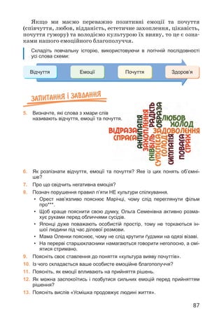 87
Якщо ми маємо переважно позитивні емоції та почуття
(співчуття, любов, відданість, естетичне захоплення, цікавість,
почуття гумору) та володіємо культурою їх вияву, то це є озна­
ками нашого емоційного благополуччя.
Складіть повчальну історію, використовуючи в логічній послідовності
усі слова схеми:
Запитання ² завдання
5. Визначте, які слова з хмари слів
називають відчуття, емоції та почуття.
Відчуття Емоції Почуття Здоров’я
6. Як розпізнати відчуття, емоції та почуття? Яке із цих понять об’ємні-
ше?
7. Про що свідчить негативна емоція?
8. Познач порушення правил п’яти НЕ культури спілкування.
• Орест нав’язливо пояснює Марічці, чому слід переглянути фільм
про***.
• Щоб краще пояснити свою думку, Ольга Семенівна активно розма-
хує руками перед обличчями сусідів.
• Японці дуже поважають особистій простір, тому не торкаються ін-
шої людини під час ділової розмови.
• Мама Оленки пояснює, чому не слід крутити ґудзики на одязі візаві.
• На перерві старшокласники намагаються говорити неголосно, а смі-
ятися стримано.
9. Поясніть своє ставлення до поняття «культура вияву почуттів».
10. Із чого складається ваше особисте емоційне благополуччя?
11. Поясніть, як емоції впливають на прийняття рішень.
12. Як можна заспокоїтись і позбутися сильних емоцій перед прийняттям
рішення?
13. Поясніть вислів «Усмішка продовжує людині життя».
 