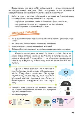 93
Зауважимо, що ваш вибір унікальний — немає правильної
чи неправильної мандали. Цей інструмент може допомогти
зрозуміти свій емоційний стан у певний момент часу.
Виберіть один із висловів і обґрунтуйте, наскільки він близький до ва-
шого внутрішнього стану наприкінці цього уроку:
«Мудрість приходить разом зі здатністю бути спокійним»;
«Не приймаю рішення, коли серджуся. Не даю обіцянок,
коли почуваюся щасливим / щасливою».
Запитання ² завдання
6. Як емоційний інтелект пов’язаний з умінням виявляти гуманність і чуй-
ність?
7. Як саме емоційний інтелект впливає на навчання?
8. Чому важливо розвивати емоційний інтелект?
9. Які емоційно-інтелектуальні моделі можна використати в ситуаціях:
Марися не відчуває емпатії до інших людей. Вона не
може перейнятися чужими радощами й прикрощами, не
розуміє ці емоції. Як наслідок — не здатна отримувати
емоційну підтримку й допомогу, навіть якщо вони їй по­
трібні.
Орест з осені навчається в пансіона­
ті, бо батьки виконують відповідальну
місію. Йому дуже самотньо. Він сумує
за родиною, не має друзів, тож негатив­
ні емоції накопичуються і породжують
дискомфорт, напруженість та три­
вогу. EQ
10. Поясніть, як ви розумієте цей малюнок. За бажан-
ня створіть асоціативний малюнок або відеоролик
про емоційний інтелект.
11. Розгадайте ребуси.
Б В Т
1 = О
3 = Р 3 = Д
 