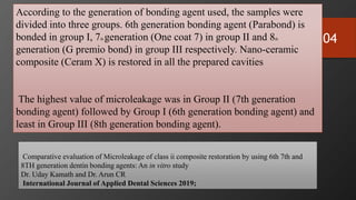 104
Comparative evaluation of Microleakage of class ii composite restoration by using 6th 7th and
8TH generation dentin bonding agents: An in vitro study
Dr. Uday Kamath and Dr. Arun CR
International Journal of Applied Dental Sciences 2019;
According to the generation of bonding agent used, the samples were
divided into three groups. 6th generation bonding agent (Parabond) is
bonded in group I, 7th generation (One coat 7) in group II and 8th
generation (G premio bond) in group III respectively. Nano-ceramic
composite (Ceram X) is restored in all the prepared cavities
The highest value of microleakage was in Group II (7th generation
bonding agent) followed by Group I (6th generation bonding agent) and
least in Group III (8th generation bonding agent).
 