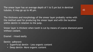 43
The thickness and morphology of the smear layer probably varies with
the method used for producing the smear layer and with the location
within dentin in relation to the pulp.
The smear layer has an average depth of 1 to 5 μm but in dentinal
tubules, it may go up to 40 μm.
Smear layer is thickest when tooth is cut by means of coarse diamond point
without coolant.
Enamel – rinsed easily
Dentin –adherent
• Superficial dentin – Less organic content
• Deep dentin- More organic content
 