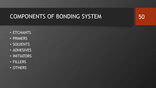 COMPONENTS OF BONDING SYSTEM
• ETCHANTS
• PRIMERS
• SOLVENTS
• ADHESIVES
• INITIATORS
• FILLERS
• OTHERS
50
 