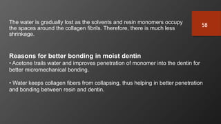 58
The water is gradually lost as the solvents and resin monomers occupy
the spaces around the collagen fibrils. Therefore, there is much less
shrinkage.
Reasons for better bonding in moist dentin
• Acetone trails water and improves penetration of monomer into the dentin for
better micromechanical bonding.
• Water keeps collagen fibers from collapsing, thus helping in better penetration
and bonding between resin and dentin.
 