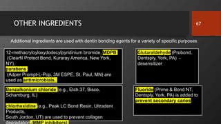 OTHER INGREDIENTS
Additional ingredients are used with dentin bonding agents for a variety of specific purposes
67
Glutaraldehyde (Probond,
Dentsply, York, PA) -
desensitizer
12-methacryloyloxydodecylpyridinium bromide, MDPB
(Clearfil Protect Bond, Kuraray America, New York,
NY),
parabens
(Adper Prompt-L-Pop, 3M ESPE, St. Paul, MN) are
used as antimicrobials.
Fluoride (Prime & Bond NT,
Dentsply, York, PA) is added to
prevent secondary caries.
Benzalkonium chloride (e.g., Etch 37, Bisco,
Schamburg, IL)
chlorhexidine (e.g., Peak LC Bond Resin, Ultradent
Products,
South Jordon, UT) are used to prevent collagen
 