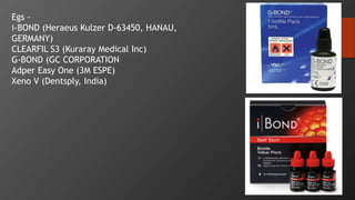 93
Egs -
i-BOND (Heraeus Kulzer D-63450, HANAU,
GERMANY)
CLEARFIL S3 (Kuraray Medical Inc)
G-BOND (GC CORPORATION
Adper Easy One (3M ESPE)
Xeno V (Dentsply, India)
 