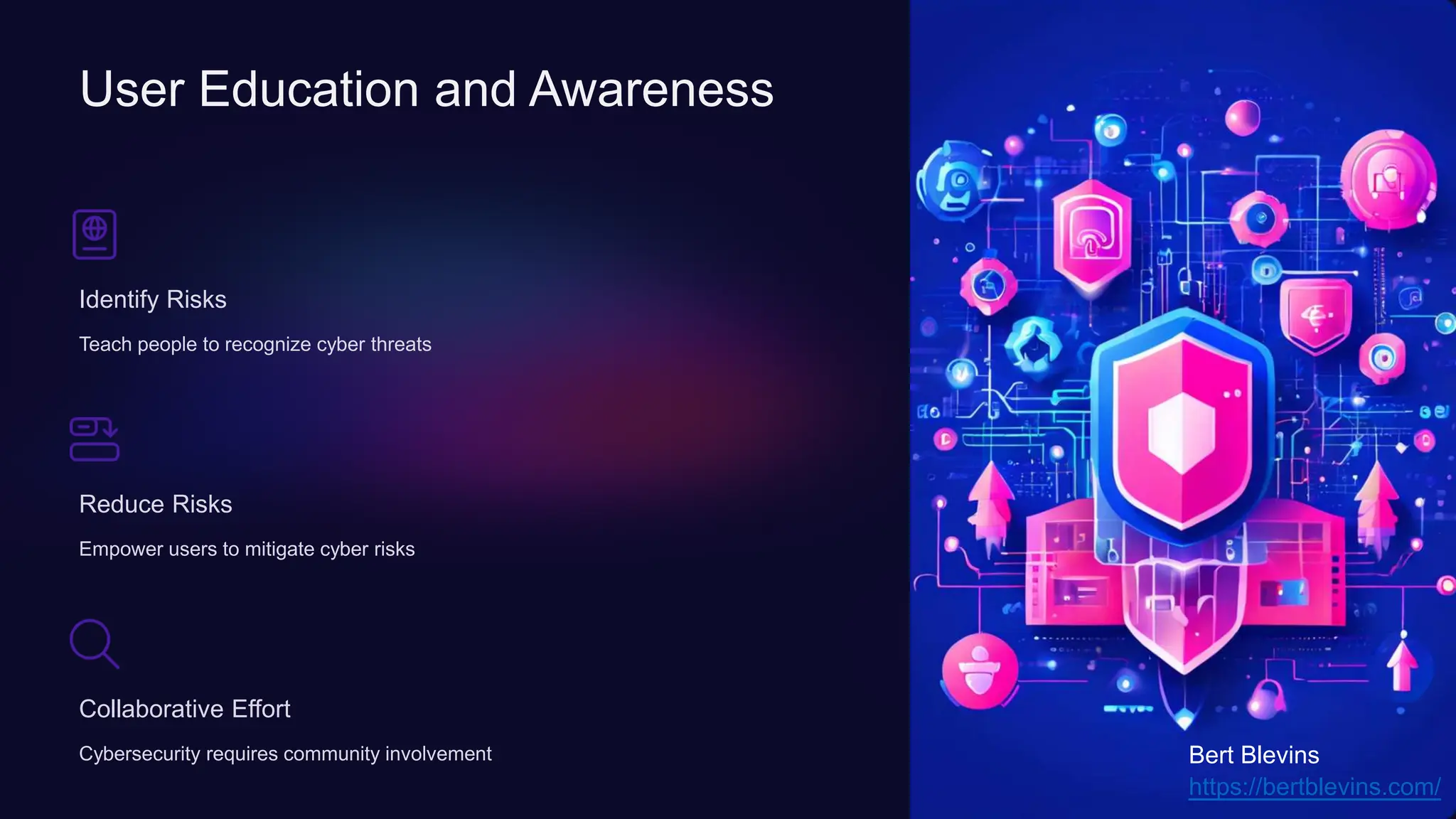 User Education and Awareness
Identify Risks
Teach people to recognize cyber threats
Reduce Risks
Empower users to mitigate cyber risks
Collaborative Effort
Cybersecurity requires community involvement
https://bertblevins.com/
Bert Blevins
 
