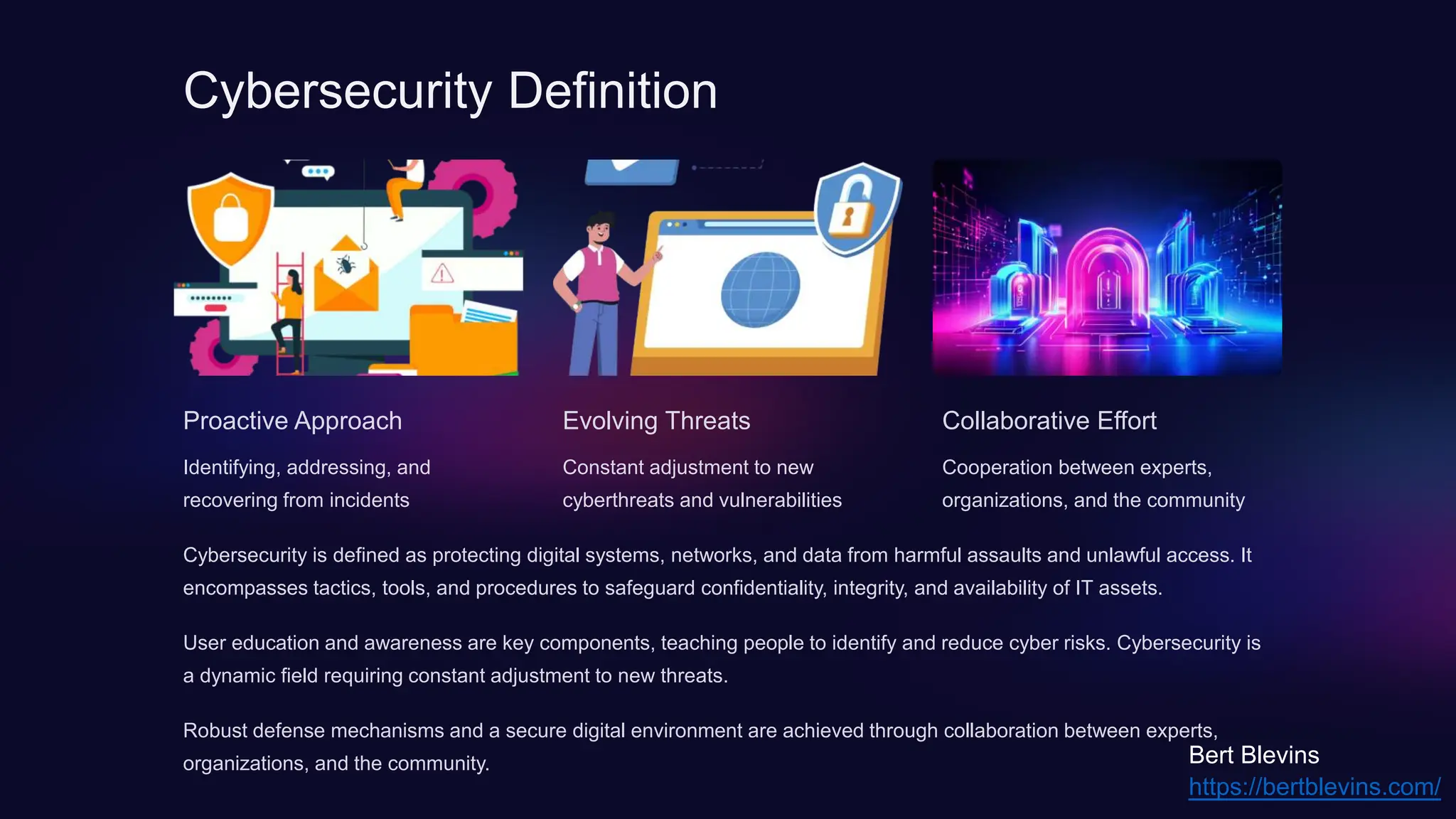 Cybersecurity Definition
Proactive Approach
Identifying, addressing, and
recovering from incidents
Evolving Threats
Constant adjustment to new
cyberthreats and vulnerabilities
Collaborative Effort
Cooperation between experts,
organizations, and the community
Cybersecurity is defined as protecting digital systems, networks, and data from harmful assaults and unlawful access. It
encompasses tactics, tools, and procedures to safeguard confidentiality, integrity, and availability of IT assets.
User education and awareness are key components, teaching people to identify and reduce cyber risks. Cybersecurity is
a dynamic field requiring constant adjustment to new threats.
Robust defense mechanisms and a secure digital environment are achieved through collaboration between experts,
organizations, and the community.
https://bertblevins.com/
Bert Blevins
 