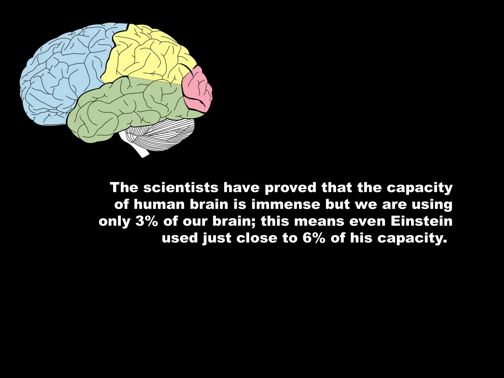 The scientists have proved that the capacity
of human brain is immense but we are using
only 3% of our brain; this means even Einstein
used just close to 6% of his capacity.
 