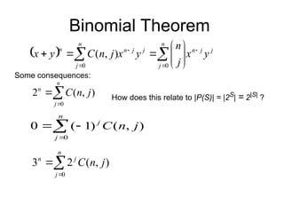 Binomial Theorem
  j
j
n
n
j
j
j
n
n
j
n
y
x
j
n
y
x
j
n
C
y
x 




 










0
0
)
,
(
0
2 ( , )


n
n
j
C n j How does this relate to |P(S)| = |2S
| = 2|S|
?




n
j
j
j
n
C
0
)
,
(
)
1
(
0



n
j
j
n
j
n
C
0
)
,
(
2
3
Some consequences:
 