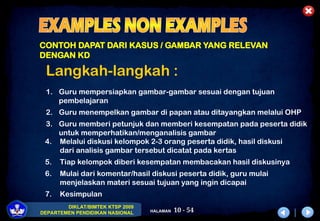 10 - 54
DIKLAT/BIMTEK KTSP 2009
DEPARTEMEN PENDIDIKAN NASIONAL HALAMAN
CONTOH DAPAT DARI KASUS / GAMBAR YANG RELEVAN
DENGAN KD
Langkah-langkah :
1. Guru mempersiapkan gambar-gambar sesuai dengan tujuan
pembelajaran
2. Guru menempelkan gambar di papan atau ditayangkan melalui OHP
3. Guru memberi petunjuk dan memberi kesempatan pada peserta didik
untuk memperhatikan/menganalisis gambar
4. Melalui diskusi kelompok 2-3 orang peserta didik, hasil diskusi
dari analisis gambar tersebut dicatat pada kertas
5. Tiap kelompok diberi kesempatan membacakan hasil diskusinya
6. Mulai dari komentar/hasil diskusi peserta didik, guru mulai
menjelaskan materi sesuai tujuan yang ingin dicapai
7. Kesimpulan
 