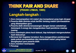21 - 54
DIKLAT/BIMTEK KTSP 2009
DEPARTEMEN PENDIDIKAN NASIONAL HALAMAN
(FRANK LYMAN, 1985)
Langkah-langkah :
1.Guru menyampaikan inti materi dan kompetensi yang ingin dicapai
2.Peserta didik diminta untuk berfikir tentang materi/ permasalahan
yang disampaikan guru
3.Peserta didik diminta berpasangan dengan teman sebelahnya
(kelompok 2 orang) dan mengutarakan hasil pemikiran masing-
masing
4.Guru memimpin pleno kecil diskusi, tiap kelompok mengemukakan
hasil diskusinya
5.Berawal dari kegiatan tersebut, Guru mengarahkan pembicaraan
pada pokok permasalahan dan menambah materi yang belum
diungkapkan para peserta didik
6.Guru memberi kesimpulan
7.Penutup
 