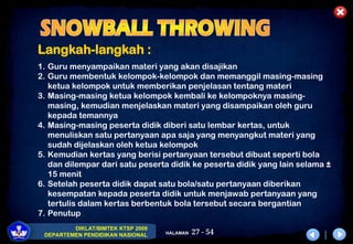 27 - 54
DIKLAT/BIMTEK KTSP 2009
DEPARTEMEN PENDIDIKAN NASIONAL HALAMAN
Langkah-langkah :
1. Guru menyampaikan materi yang akan disajikan
2. Guru membentuk kelompok-kelompok dan memanggil masing-masing
ketua kelompok untuk memberikan penjelasan tentang materi
3. Masing-masing ketua kelompok kembali ke kelompoknya masing-
masing, kemudian menjelaskan materi yang disampaikan oleh guru
kepada temannya
4. Masing-masing peserta didik diberi satu lembar kertas, untuk
menuliskan satu pertanyaan apa saja yang menyangkut materi yang
sudah dijelaskan oleh ketua kelompok
5. Kemudian kertas yang berisi pertanyaan tersebut dibuat seperti bola
dan dilempar dari satu peserta didik ke peserta didik yang lain selama ±
15 menit
6. Setelah peserta didik dapat satu bola/satu pertanyaan diberikan
kesempatan kepada peserta didik untuk menjawab pertanyaan yang
tertulis dalam kertas berbentuk bola tersebut secara bergantian
7. Penutup
 