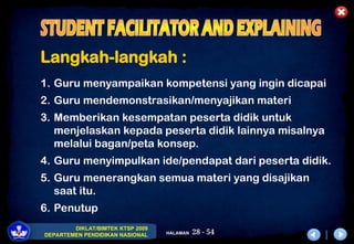 28 - 54
DIKLAT/BIMTEK KTSP 2009
DEPARTEMEN PENDIDIKAN NASIONAL HALAMAN
Langkah-langkah :
1. Guru menyampaikan kompetensi yang ingin dicapai
2. Guru mendemonstrasikan/menyajikan materi
3. Memberikan kesempatan peserta didik untuk
menjelaskan kepada peserta didik lainnya misalnya
melalui bagan/peta konsep.
4. Guru menyimpulkan ide/pendapat dari peserta didik.
5. Guru menerangkan semua materi yang disajikan
saat itu.
6. Penutup
 