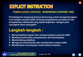 31 - 54
DIKLAT/BIMTEK KTSP 2009
DEPARTEMEN PENDIDIKAN NASIONAL HALAMAN
PEMBELAJARAN LANGSUNG (ROSENSHINA & STEVENS, 1986)
Langkah-langkah :
1. Menyampaikan tujuan dan mempersiapkan peserta didik
2. Mendemonstrasikan pengetahuan dan ketrampilan
3. Membimbing pelatihan
4. Mengecek pemahaman dan memberikan umpan balik
5. Memberikan kesempatan untuk latihan lanjutan
Pembelajaran langsung khusus dirancang untuk mengembangkan
cara belajar peserta didik tentang pengetahuan prosedural dan
pengetahuan deklaratif yang dapat diajarkan dengan pola
selangkah demi selangkah
 