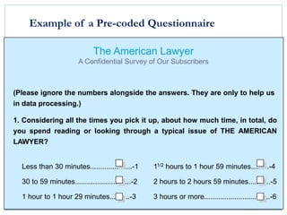 Monday, January 20, 2020
29
11/2 hours to 1 hour 59 minutes.........-4
2 hours to 2 hours 59 minutes...........-5
3 hours or more.................................-6
Less than 30 minutes.....................-1
30 to 59 minutes............................-2
1 hour to 1 hour 29 minutes..........-3
The American Lawyer
A Confidential Survey of Our Subscribers
(Please ignore the numbers alongside the answers. They are only to help us
in data processing.)
1. Considering all the times you pick it up, about how much time, in total, do
you spend reading or looking through a typical issue of THE AMERICAN
LAWYER?
Example of a Pre-coded Questionnaire
 