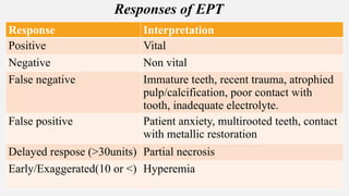 Response Interpretation
Positive Vital
Negative Non vital
False negative Immature teeth, recent trauma, atrophied
pulp/calcification, poor contact with
tooth, inadequate electrolyte.
False positive Patient anxiety, multirooted teeth, contact
with metallic restoration
Delayed respose (>30units) Partial necrosis
Early/Exaggerated(10 or <) Hyperemia
Responses of EPT
 