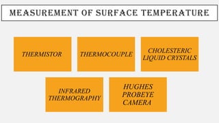 MEASUREMENT OF SURFACE TEMPERATURE
THERMISTOR THERMOCOUPLE
CHOLESTERIC
LIQUID CRYSTALS
INFRARED
THERMOGRAPHY
HUGHES
PROBEYE
CAMERA
 