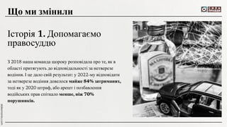 Історія 1. Допомагаємо
правосуддю
З 2018 наша команда щороку розповідала про те, як в
області притягують до відповідальності за нетверезе
водіння. І це дало свій результат: у 2022-му відповідати
за нетверезе водіння довелося майже 84% затриманих,
тоді як у 2020 штраф, або арешт і позбавлення
водійських прав спіткало менше, ніж 70%
порушників.
Що ми змінили
 