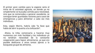 El primer gran cambio para la especie sería el
inicio de la actividad agrícola, en donde ya no
simplemente se buscaba comida para necesidad,
sino que se comenzaba a generar excedente, se
consigue tener guardadas raciones para casos de
emergencias y para alimentar a cada vez más
individuos.
Esta, según Morris, habría sido “la llave que
había de abrir la puerta a la civilización”.
Ahora, la tribu comenzaría a hacerse muy
numerosa con más facilidad y los individuos ya
no tendrían necesidad de la constante
cooperación para lograr alimentarse, ya que era
posible dedicarse a otras tareas ajenas a la
búsqueda grupal de alimento.
 