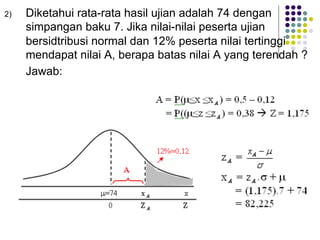 2) Diketahui rata-rata hasil ujian adalah 74 dengan
simpangan baku 7. Jika nilai-nilai peserta ujian
bersidtribusi normal dan 12% peserta nilai tertinggi
mendapat nilai A, berapa batas nilai A yang terendah ?
Jawab:
 