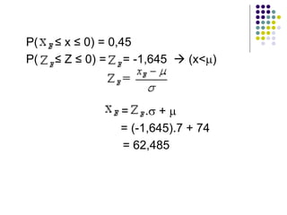 P( ≤ x ≤ 0) = 0,45
P( ≤ Z ≤ 0) = = -1,645 à (x<µ)
= .s + µ
= (-1,645).7 + 74
= 62,485
 