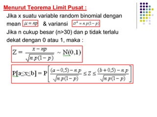 Menurut Teorema Limit Pusat :
Jika x suatu variable random binomial dengan
mean & variansi .
Jika n cukup besar (n>30) dan p tidak terlalu
dekat dengan 0 atau 1, maka :
 