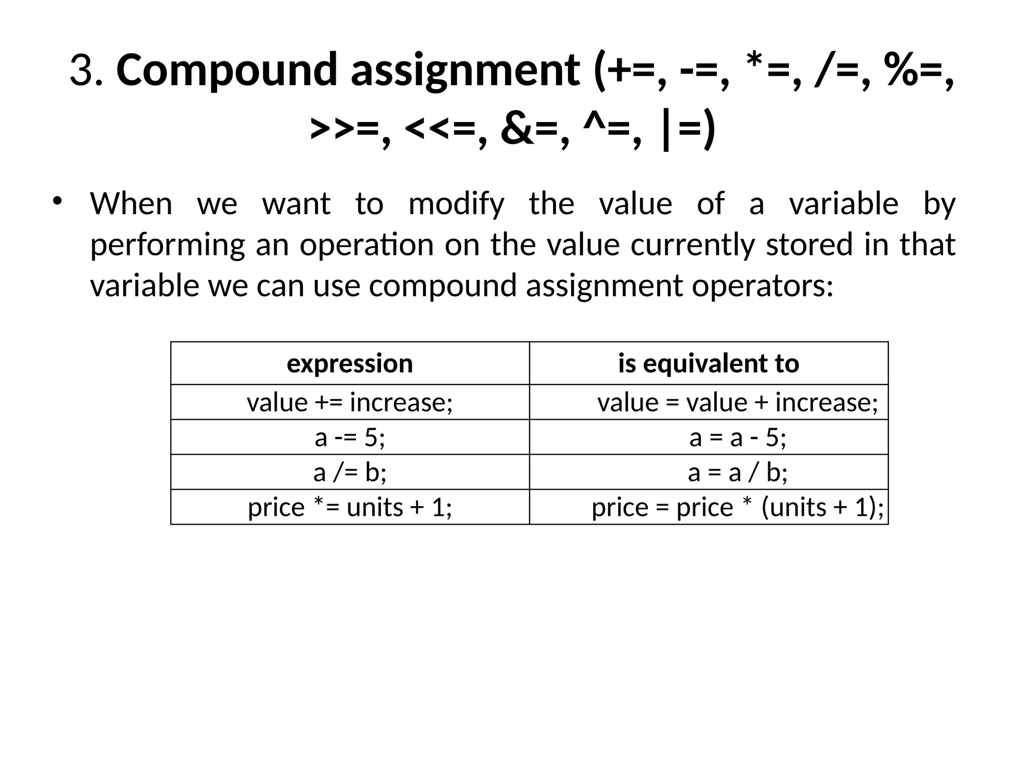3. Compound assignment (+=, -=, *=, /=, %=,
>>=, <<=, &=, ^=, |=)
expression is equivalent to
value += increase; value = value + increase;
a -= 5; a = a - 5;
a /= b; a = a / b;
price *= units + 1; price = price * (units + 1);
• When we want to modify the value of a variable by
performing an operation on the value currently stored in that
variable we can use compound assignment operators:
 