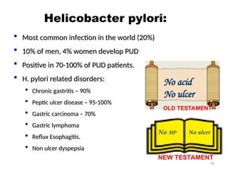 Helicobacter pylori:
 Most common infection in the world (20%)
Most common infection in the world (20%)
 10% of men, 4% women develop PUD
10% of men, 4% women develop PUD
 Positive in 70-100% of PUD patients.
Positive in 70-100% of PUD patients.
 H. pylori related disorders:
H. pylori related disorders:
 Chronic gastritis – 90%
Chronic gastritis – 90%
 Peptic ulcer disease – 95-100%
Peptic ulcer disease – 95-100%
 Gastric carcinoma – 70%
Gastric carcinoma – 70%
 Gastric lymphoma
Gastric lymphoma
 Reflux Esophagitis.
Reflux Esophagitis.
 Non ulcer dyspepsia
Non ulcer dyspepsia
No acid
No ulcer
OLD TESTAMENT
No HP No ulcer
NEW TESTAMENT
20
 