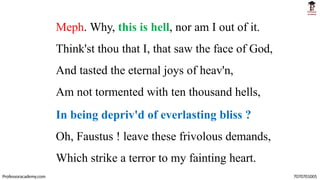 Meph. Why, this is hell, nor am I out of it.
Think'st thou that I, that saw the face of God,
And tasted the eternal joys of heav'n,
Am not tormented with ten thousand hells,
In being depriv'd of everlasting bliss ?
Oh, Faustus ! leave these frivolous demands,
Which strike a terror to my fainting heart.
Professoracademy.com 7070701005
 