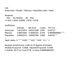 Call:
lm(formula = Murder ~ Illiteracy + Population, data = state)
Residuals:
Min 1Q Median 3Q Max
-4.7652 -1.6561 -0.0898 1.4570 7.6758
Coefficients:
Estimate Std. Error t value Pr(>|t|)
(Intercept) 1.65154974 0.81011208 2.039 0.04713 *
Illiteracy 4.08073664 0.58481561 6.978 0.00000000883 ***
Population 0.00022419 0.00007984 2.808 0.00724 **
---
Signif. codes: 0 '***' 0.001 '**' 0.01 '*' 0.05 '.' 0.1 ' ' 1
Residual standard error: 2.481 on 47 degrees of freedom
Multiple R-squared: 0.5668, Adjusted R-squared: 0.5484
F-statistic: 30.75 on 2 and 47 DF, p-value: 0.000000002893
 