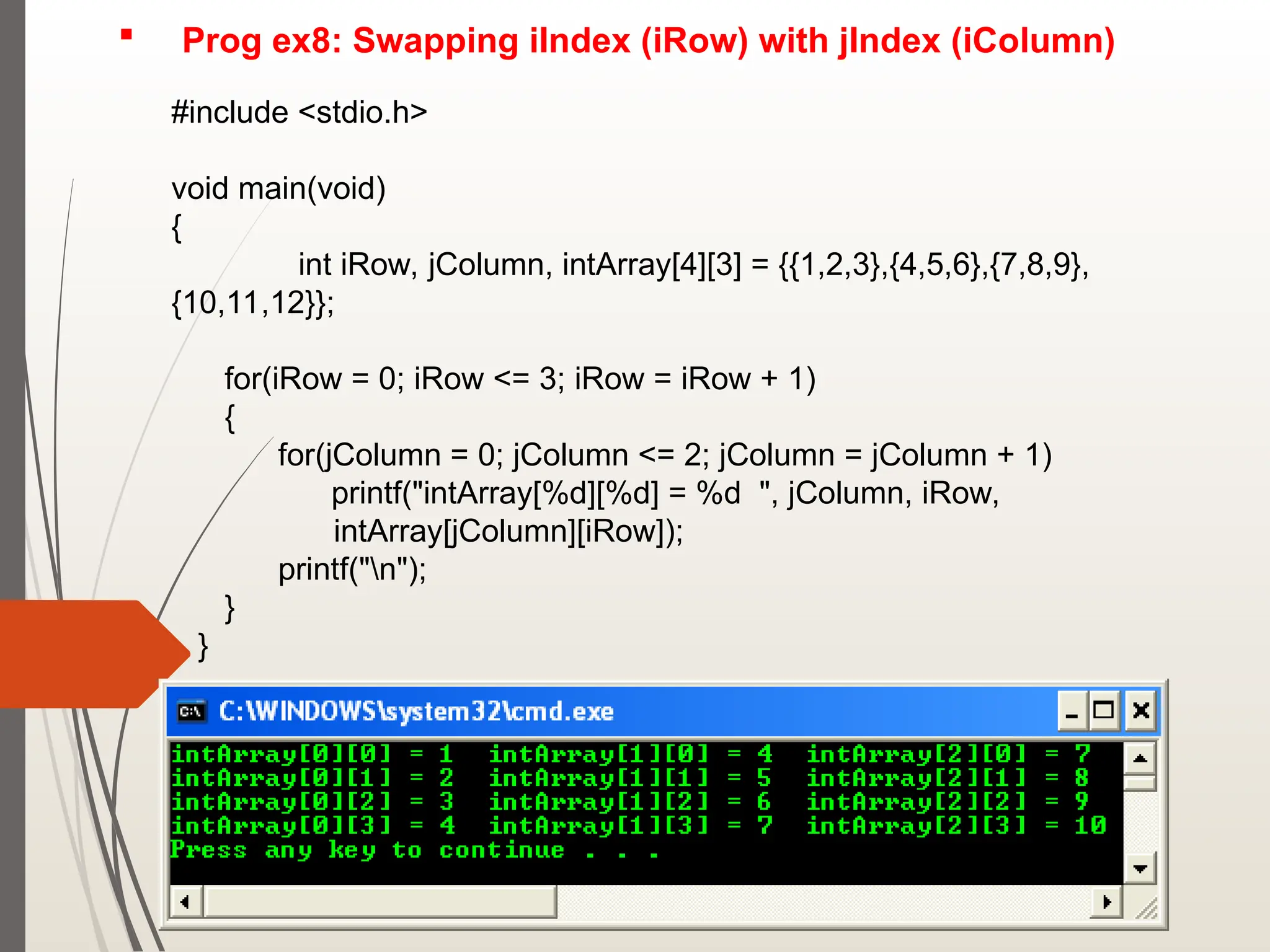  Prog ex8: Swapping iIndex (iRow) with jIndex (iColumn)
#include <stdio.h>
void main(void)
{
int iRow, jColumn, intArray[4][3] = {{1,2,3},{4,5,6},{7,8,9},
{10,11,12}};
for(iRow = 0; iRow <= 3; iRow = iRow + 1)
{
for(jColumn = 0; jColumn <= 2; jColumn = jColumn + 1)
printf("intArray[%d][%d] = %d ", jColumn, iRow,
intArray[jColumn][iRow]);
printf("n");
}
}
 