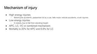 Mechanism of injury
● High energy injuries
○ Motorcycle accidents, pedestrian hit by a car, falls motor vehicle accidents, crush injuries
● Low energy injuries
○ In elderly due to fall from standing height
● APC, LC, VC or combined mechanism
● Mortality is 20% for APC and 6.6% for LC
 