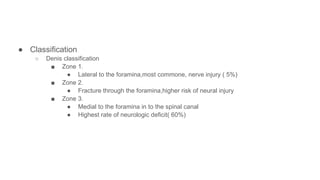 ● Classification
○ Denis classification
■ Zone 1.
● Lateral to the foramina,most commone, nerve injury ( 5%)
■ Zone 2.
● Fracture through the foramina,higher risk of neural injury
■ Zone 3.
● Medial to the foramina in to the spinal canal
● Highest rate of neurologic deficit( 60%)
 