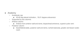● Anatomy
○ Acetabular cap
■ 40-48 deg lateral inclination , 18-21 degree anteversion
○ Supported by two columns
○ Anterior column
■ Anterior ilium,anterior wall and dome, iliopectineal eminence, superior pubic rami
○ Posterior column
■ Quadrilateral plate, posterior wall and dome, ischial tuberosity, greater and lesser sciatic
notch
 