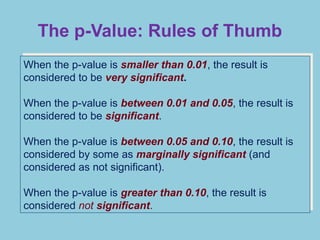 When the p-value is smaller than 0.01, the result is
considered to be very significant.
When the p-value is between 0.01 and 0.05, the result is
considered to be significant.
When the p-value is between 0.05 and 0.10, the result is
considered by some as marginally significant (and
considered as not significant).
When the p-value is greater than 0.10, the result is
considered not significant.
The p-Value: Rules of Thumb
 